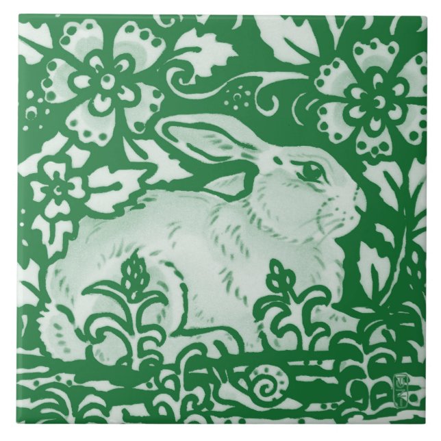 Emerald Green Rabbit Bunny Snail Floral Garden Tile (Front)