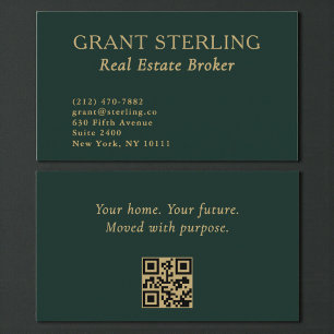Emerald Green Real Estate Broker Gold QR Code  Business Card