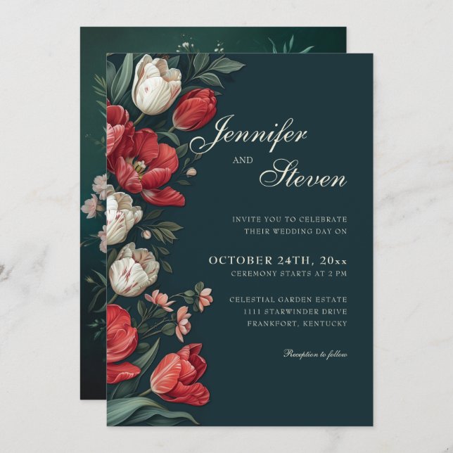  Emerald Green & Red Tulip Botanical Wedding Invitation (Front/Back)