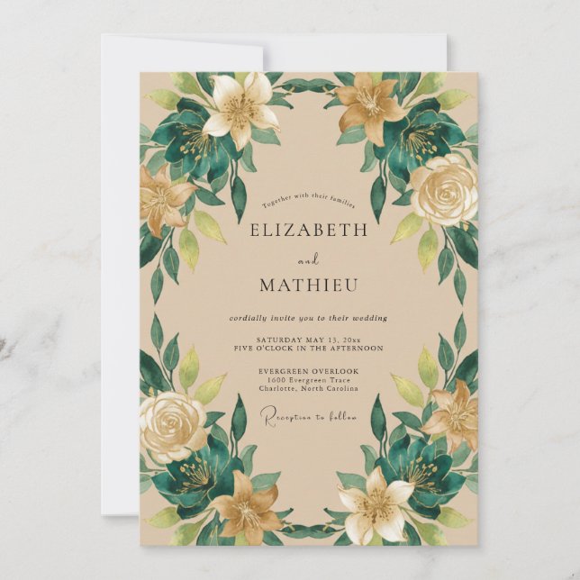 Emerald Green Refined Botanical Wedding Invitation (Front)