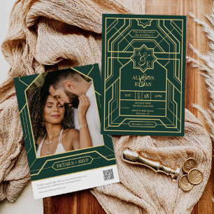 Emerald Green Retro Gold Art Deco QR Code Photo Invitation