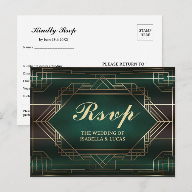 Emerald Green Roaring 20s Wedding RSVP Postcard (Front/Back)