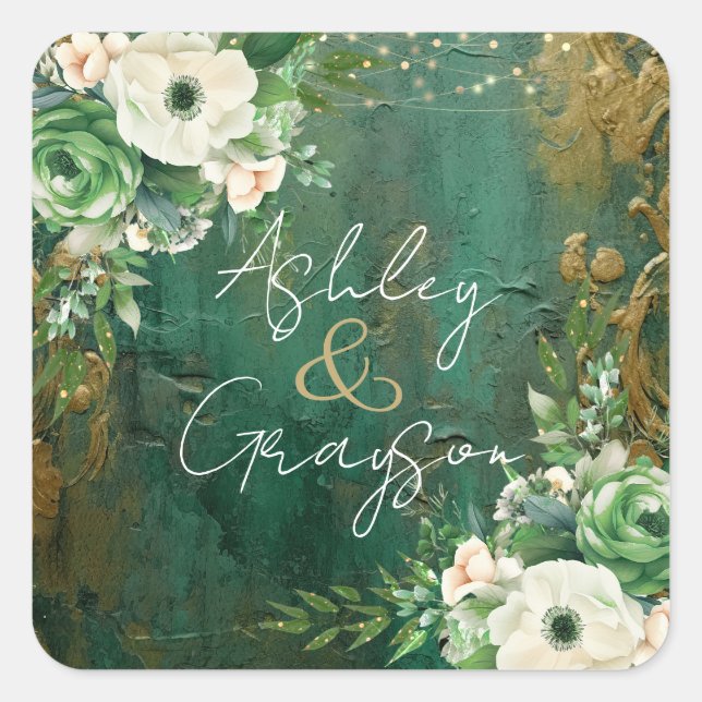 Emerald Green Romantic Floral Wedding Sticker (Front)
