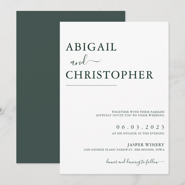 Emerald Green Romantic Simple Wedding Invitation (Front/Back)