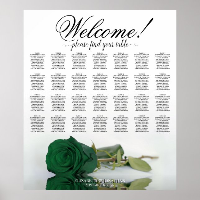 Emerald Green Rose 28 Table Wedding Seating Chart (Front)