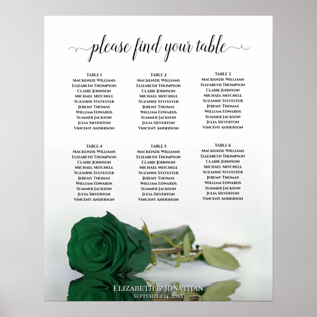 Emerald Green Rose 6 Table Wedding Seating Chart (Front)