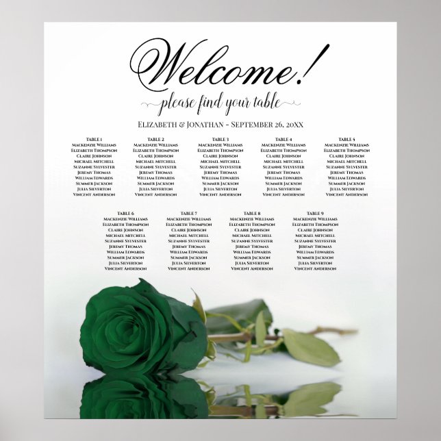 Emerald Green Rose 9 Table Wedding Seating Chart (Front)