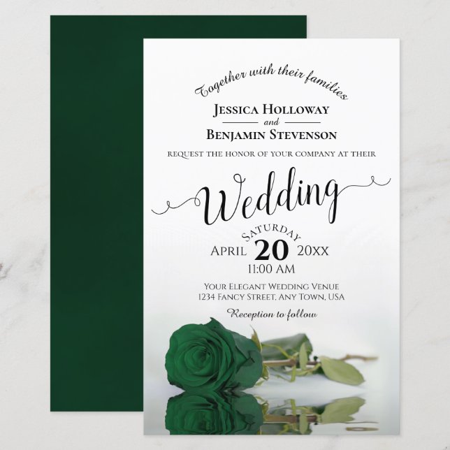 Emerald Green Rose BUDGET Wedding Invitation (Front/Back)