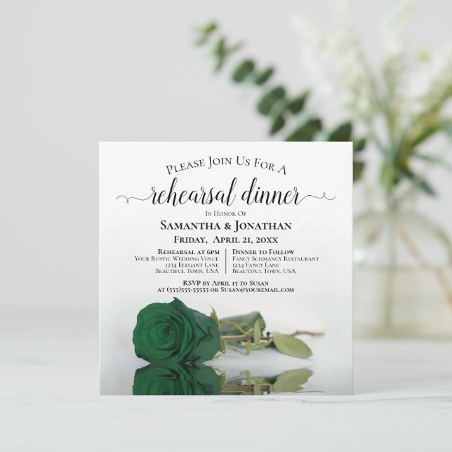 Emerald Green Rose Chic Wedding Rehearsal Dinner Invitation (Standing Front)