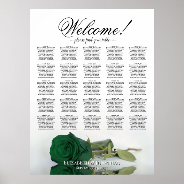 Emerald Green Rose Elegant 25 Table Seating Chart (Front)