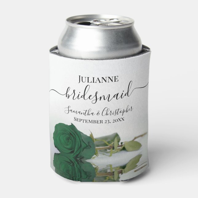 Emerald Green Rose Elegant Bridesmaid Wedding Can Cooler (Can Front)