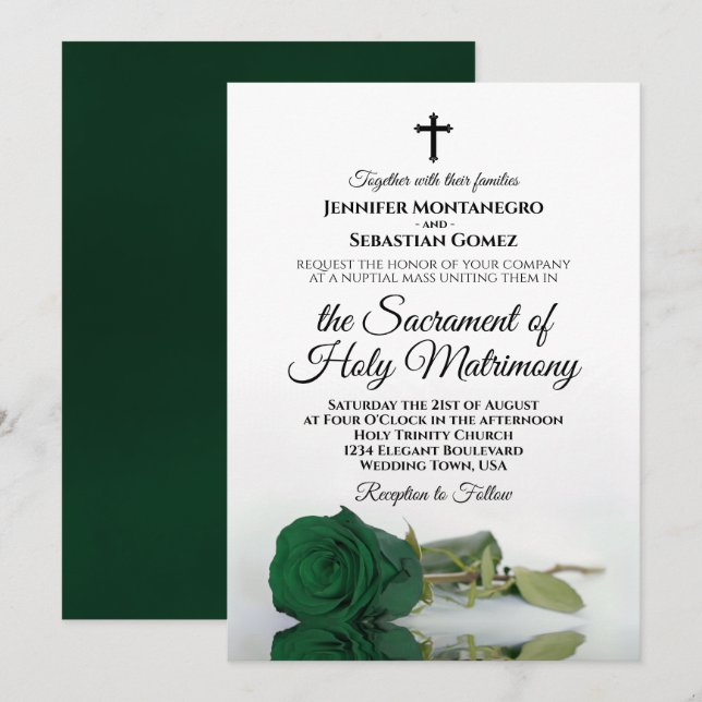 Emerald Green Rose Elegant Modern Catholic Wedding Invitation (Front/Back)