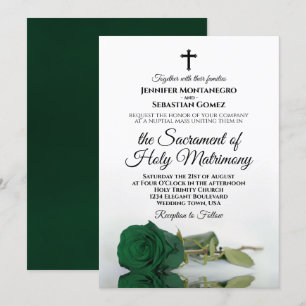 Emerald Green Rose Elegant Modern Catholic Wedding Invitation