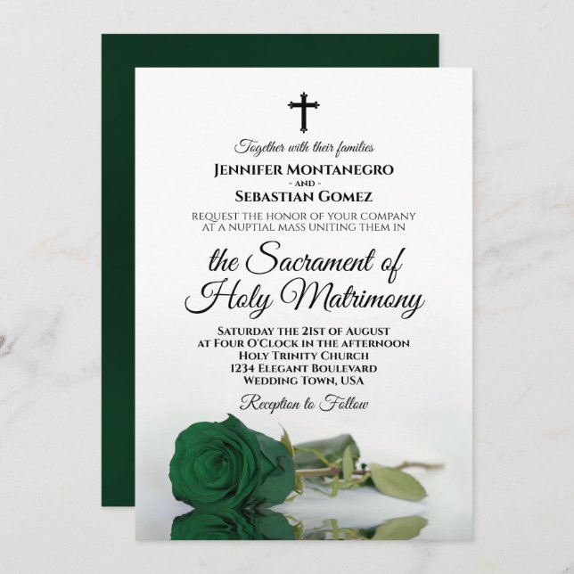 Emerald Green Rose Elegant Modern Catholic Wedding Invitation (Front/Back)