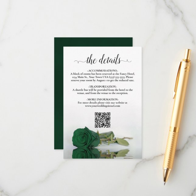 Emerald Green Rose Elegant Wedding Details QR Code Enclosure Card (Front/Back In Situ)