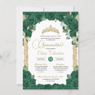 Emerald Green Rose Floral and Gold Quinceanera Invitation