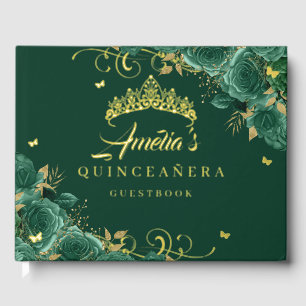 Emerald Green Rose Floral Swirl Quinceanera Gold   Guest Book