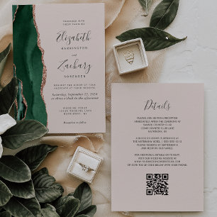 Emerald Green Rose Gold Agate Blush QR Wedding Invitation