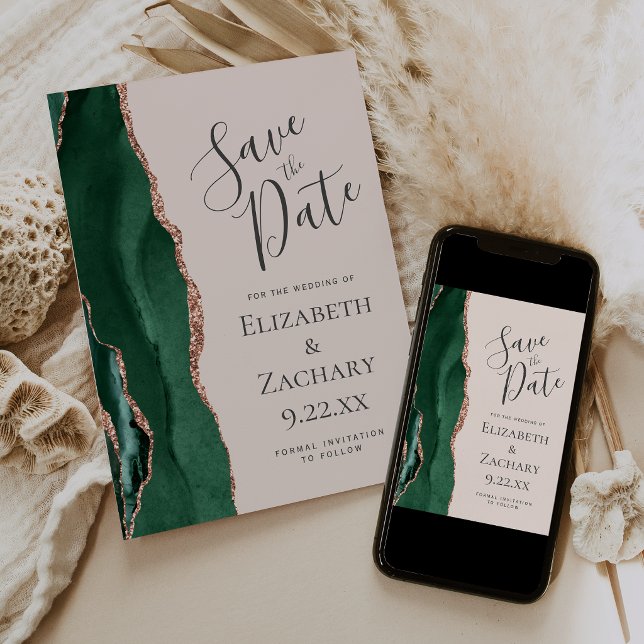Emerald Green Rose Gold Agate Blush Save the Date (Creator Uploaded)