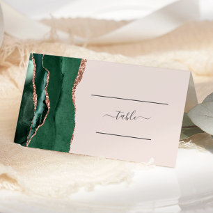 Emerald Green Rose Gold Agate Blush Wedding Table Place Card