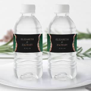 Emerald Green Rose Gold Agate Dark Wedding Water Bottle Label