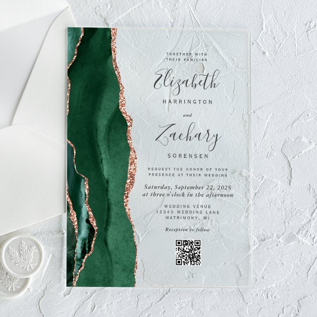 Emerald Green Rose Gold Agate QR Code Wedding Acrylic Invitations (Creator Uploaded)