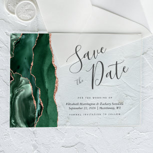 Emerald Green Rose Gold Agate Save the Date Card Acrylic Invitations