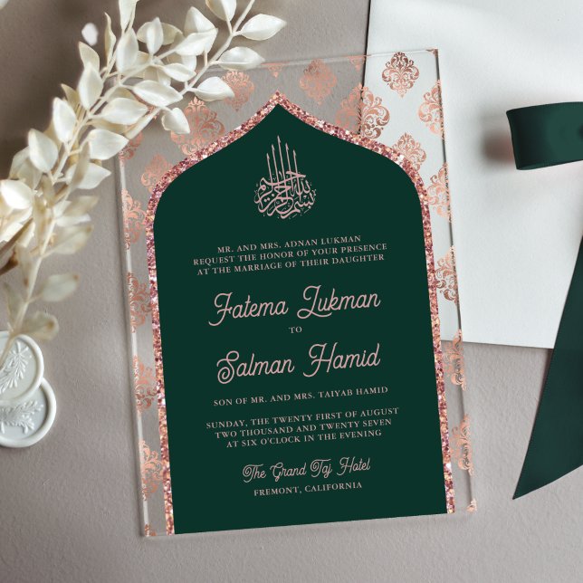 Emerald Green Rose Gold Damask Arch Muslim Wedding Acrylic Invitations (Creator Uploaded)