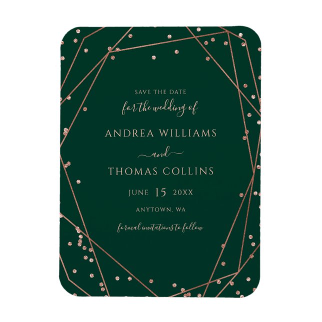 Emerald Green Rose Gold Geometric Save the Date Magnet (Vertical)