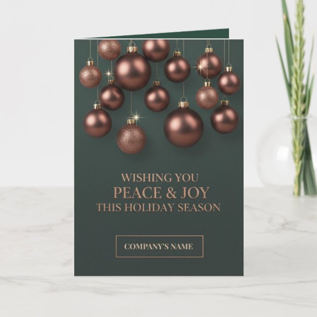 Emerald Green & Rose Gold Ornaments Corporate  Holiday Card (Front)
