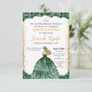 Emerald Green Rose Quinceañera Invitation with Gol