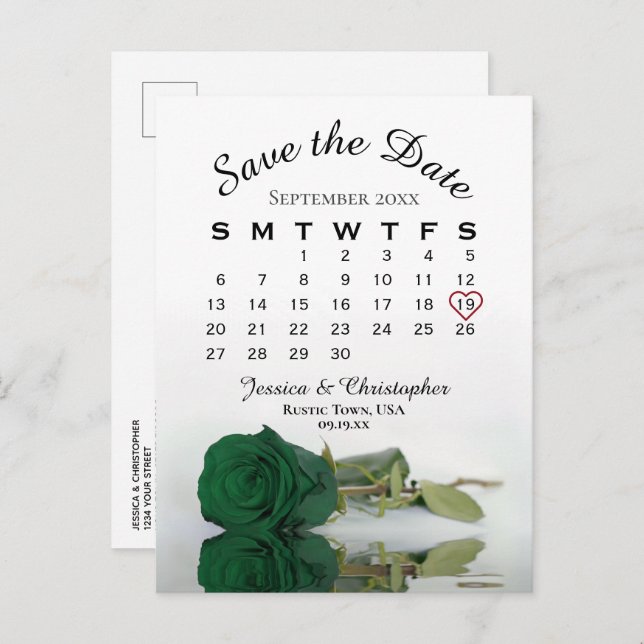 Emerald Green Rose Wedding Calendar Save the Date Announcement Postcard (Front/Back)