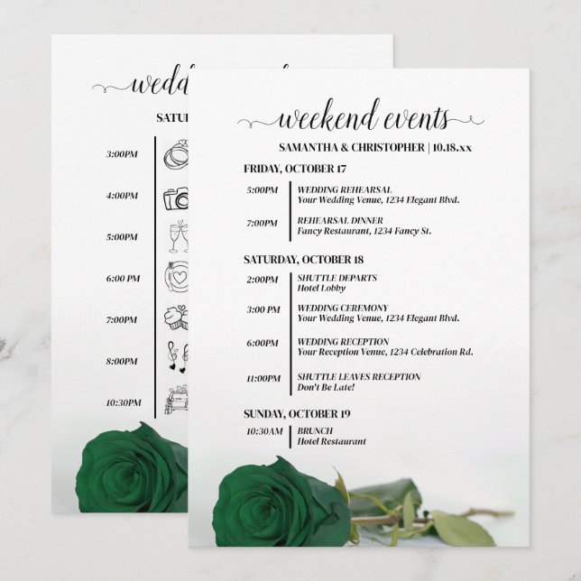 Emerald Green Rose Wedding Events & Timeline Programme (Front/Back)