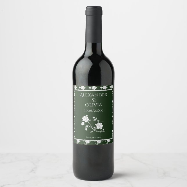 Emerald Green Rose Wedding Wine Label (Front)