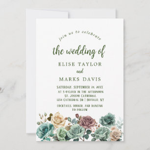Emerald Green Roses Beige Foilage Wedding Invitation