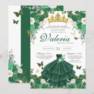 Emerald Green Roses Buttefly Princess Quinceanera Invitation
