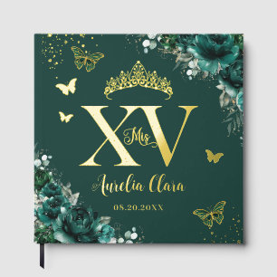 Emerald Green Roses Butterflies Gold Quinceañera  Guest Book