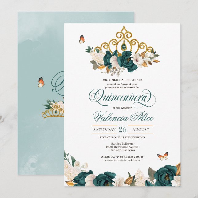 Emerald Green Roses Butterfly Tiara Quinceanera Invitation (Front/Back)