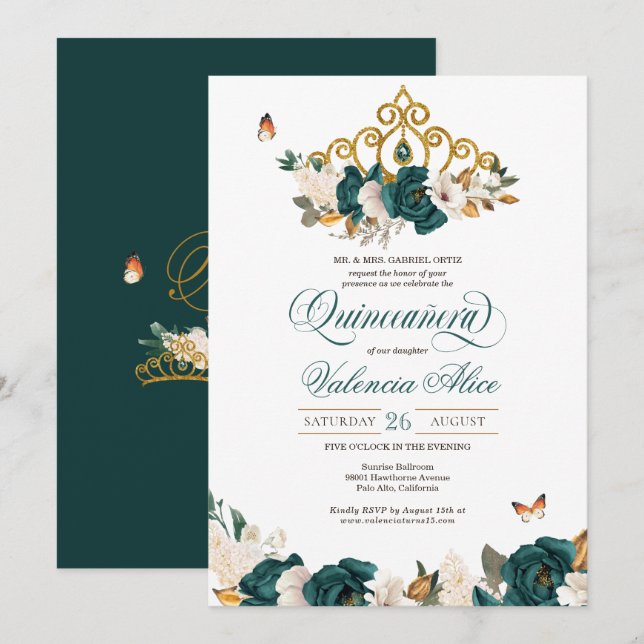Emerald Green Roses Butterfly Tiara Quinceanera Invitation (Front/Back)