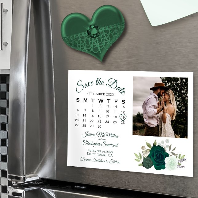 Emerald Green Roses Calendar & Photo Save the Date Magnetic Invitation (Magnetic Back for Easy Display!)