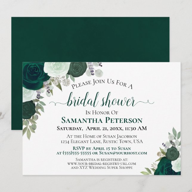 Emerald Green Roses Elegant Bridal Shower Invitation (Front/Back)