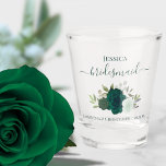 Emerald Green Roses Elegant Bridesmaid Wedding Shot Glass<br><div class="desc">These beautiful shot glasses are a fun and thoughtful way to thank your wedding bridesmaids. They feature a beautiful boho chic design with elegant script lettering and a cluster of hand painted watercolor roses in shades of emerald, forest, and sage green, along with eucalyptus leaves and garden greenery. The caption...</div>