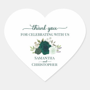 Emerald Green Roses Elegant Wedding Thank You Heart Sticker