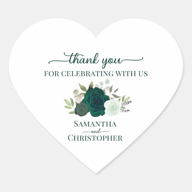 Emerald Green Roses Elegant Wedding Thank You Heart Sticker (Front)