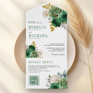 Emerald Green Roses Floral QR Code Wedding All In One Invitation