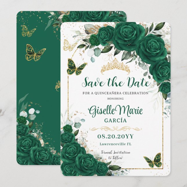 Emerald Green Roses Floral Quinceañera Butterflies Save The Date (Front/Back)