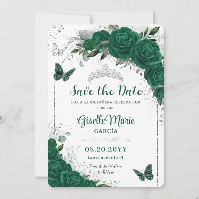 Emerald Green Roses Floral Quinceañera Butterflies Save The Date (Front)