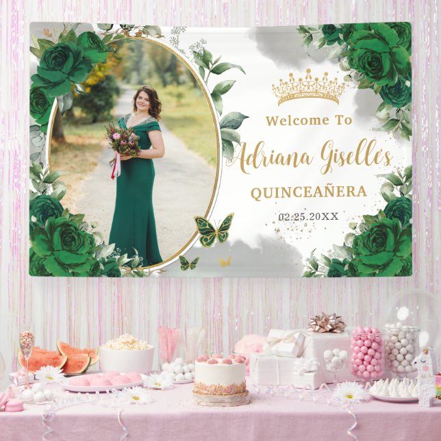 Emerald Green Roses Floral Quinceañera Photo Banner (Party)