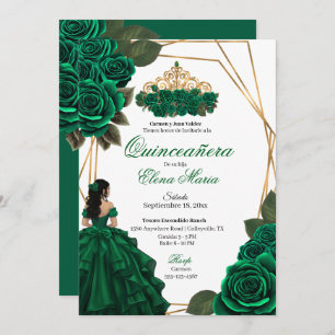 Emerald Green Roses Gold Quinceañera  Invitation