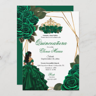 Emerald Green Roses Gold Quinceañera Invitation